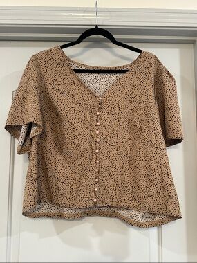 SHEIN Tan Polka Dot Button-Front V-Neck Blouse